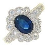 A SAPPHIRE AND DIAMOND CLUSTER RING WITH DIAMOND SHOULDERS, IN WHITE GOLD MARKED 750, 5.6G, SIZE O