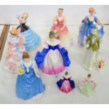 NINE ROYAL DOULTON BONE CHINA FIGURES OF YOUNG LADIES, TWO 10CM H, SEVEN 20CM H AND CIRCA, PRINTED