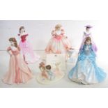 FIVE COALPORT BONE CHINA FIGURES OF YOUNG LADIES AND A GROUP OF TWO CHILDREN, 21CM H AND SMALLER,