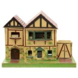 A PAINTED WOOD FRONT OPENING GEORGIAN STYLE DOLL'S HOUSE, WITH FURNITURE AND ACCESSORIES, 48CM H; 73