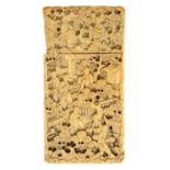 A CHINESE CARVED IVORY LADY'S CARD CASE AND COVER, TYPICALLY WORKED WITH SCENES AND FLOWERS OVERALL,