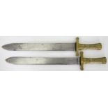 TWO SOLID BRASS HILTED GLADIUS TYPE SIDE ARMS, 19TH CENTURY, WITH CROSS HATCHED GRIP, BLADE 43CM