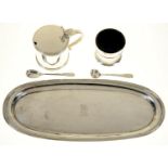 A GEORGE III SILVER SNUFFERS TRAY WITH REEDED RIM CRESTED, 22CM L, MAKER'S MARK RUBBED, OVER SH,