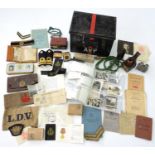 MISCELLANEOUS WORLD WAR TWO BRITISH EPHEMERA AND MILITARIA, TO INCLUDE LDV AND OTHER ARMBANDS,