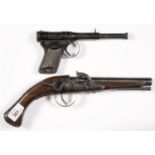 A 1930'S AIR PISTOL AND A REPLICA 18TH C FLINTLOCK PISTOL Air pistol with some light rust