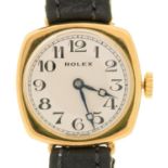 A ROLEX 18CT GOLD CUSHION SHAPED LADY'S WRISTWATCH, PRIMA MOVEMENT, 1.9 X 1.9CM, IMPORT MARKED