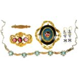A PAIR OF CONTINENTAL GEM SET SILVER GILT AND ENAMEL PENDANT EARRINGS ON ASSOCIATED GOLD COLOURED