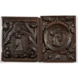 A CARVED OAK 'ROMAYNE' PANEL AND ANOTHER OF AN ANGEL BEARING TULIPS, 25 X 18CM AND 20 X 19CM, 17TH /