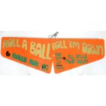 TWO 1960'S ORANGE, GREEN AND GOLD PERSPEX ROLL 'EM' DOWN HANGING SIGNS, 84CM L Good condition