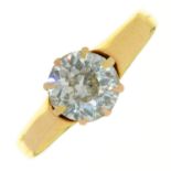 A DIAMOND SOLITAIRE RING, IN GOLD, MARKED 18, 4G, SIZE Q Light wear to hoop, diamond showing