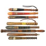 SIX VICTORIAN PAINTED WOOD POLICE TRUNCHEONS AND TWO EARLY 20TH C WOOD TRUNCHEONS, ONE WITH TRANSFER