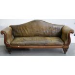 A REGENCY BRASS INLAID ROSEWOOD COUCH COVERED IN GREEN LEATHER, 230CM W Leather stained and cracking