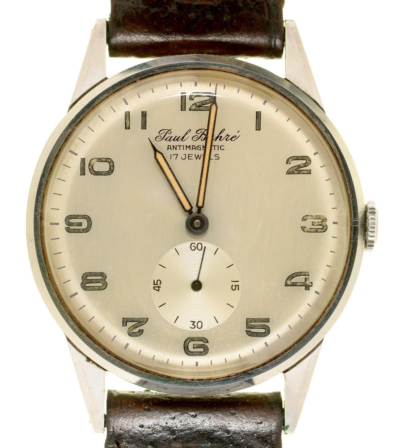 A PAUL BUHRE STAINLESS STEEL GENTLEMAN'S WRISTWATCH, THE BACK ENGRAVED WITH PRESENTATION INSCRIPTION