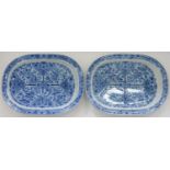 A PAIR OF SPODE BLUE PRINTED EARTHENWARE FLOWER CROSS PATTERN MEAT DISHES WITH GRAVY TREE AND