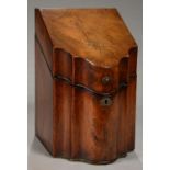 A GEORGE III SERPENTINE MAHOGANY CUTLERY BOX WITH SLOPING LID, 36CM H, LATE 18TH C INTERIOR GUTTED
