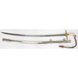 A MAMELUKE HILTED SWORD AND SCABBARD, WITH ETCHED BLADE, GILT BRASS QUILLONS AND IVORY GRIPS,