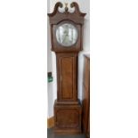 A VICTORIAN OAK THIRTY HOUR LONGCASE CLOCK, INLAID AND CROSS BANDED IN MAHOGANY WITH ROUND ENAMEL