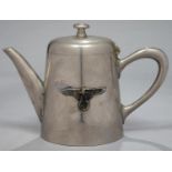 A GERMAN, THIRD REICH, PEWTER TEAPOT WITH APPLIED EAGLE AND SWASTIKA DEVICE, 16CM H, CIRCULAR
