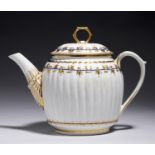 A DERBY REEDED OVIFORM BLUE AND GILT TEAPOT AND COVER, C1790, 16CM H, PUCE PAINTED MARK AND 110 Chip