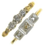 TWO DIAMOND THREE STONE RINGS, EACH WITH GOLD HOOP MARKED 18CT PLAT, 4G, SIZES I½ AND J Square set