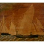 19TH C SCHOOL, TWO SAILING VESSELS, OIL ON BOARD OVER PRINTED BASE, 44 X 57CM Heavily stained