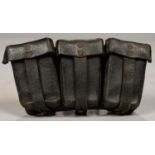 A GERMAN, THIRD REICH, M1911 LEATHER AMMUNITION POUCH OF THREE COMPARTMENTS, 22CM L, STAMPED ON BACK