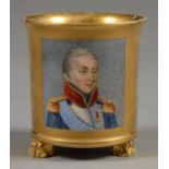 A PARIS PORCELAIN GILT GROUND CABINET CUP, PAINTED WITH A PORTRAIT OF AN OFFICER, 9.5CM H,