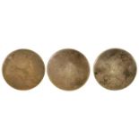 A SET OF THREE 18TH C ENGLISH SILVER BUTTONS, SLIGHTLY CONVEX, 3CM D, MAKER'S MARK RP IN SCRIPT