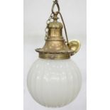 A BRASS AND OPAL GLASS HALL LAMP WITH FLUTED GLOBE SHADE, 41CM H, EARLY 20TH C