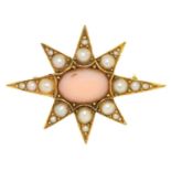 A VICTORIAN CORAL AND SPLIT PEARL STAR SHAPED BROOCH IN GOLD, 36MM, 5.3G Originally part of a larger
