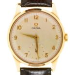 AN OMEGA 9CT GOLD GENTLEMAN'S WRISTWATCH NO 1430087, 3.2CM, BIRMINGHAM 1955, LEATHER STRAP AND OMEGA