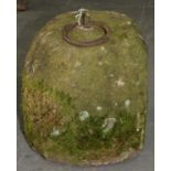 A VICTORIAN GRIT STONE WEIGHT MOUNTED WITH AN IRON RING, 26CM H X 22CM W