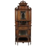 A VICTORIAN ROSEWOOD CORNER CABINET, C1900, INLAID AND DECORATED IN PENWORK WITH PENDANTS AND