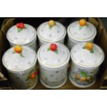 A SET OF SIX FRANKLIN MINT EARTHENWARE CORDON BLEU PATTERN STORAGE JARS AND COVERS WITH FRUIT