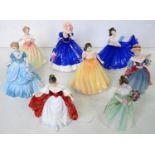 ONE ROYAL WORCESTER AND SEVEN ROYAL DOULTON BONE CHINA FIGURES OF YOUNG LADIES, 20CM H AND CIRCA,