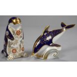 TWO ROYAL CROWN DERBY PAPERWEIGHTS - PLATYPUS AND DOLPHIN, DOLPHIN 17.5CM L, PRINTED MARK, GILT