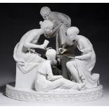 A NAPLES GLAZED PORCELAIN GAMING GROUP OF FOUR FIGURES AND TWO PUTTI WITH A BASKET OF HEARTS, 20TH