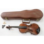 A CHILD'S VIOLIN, LABELLED H. JOURNET'S MANDOLIN AND GUITAR REPOSITORY LONDON, LENGTH OF BACK 26.