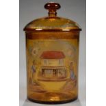 A CONTINENTAL ENAMELLED CRIZZLED AMBER GLASS JAR AND COVER, 23CM H, POLISHED PONTIL MARK, 19TH C