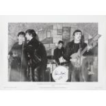 THE BEATLES' AUTOGRAPH. A BLACK AND WHITE PRINT OF THE BEATLES AT THE CAVERN CLUB WITH PETE BEST