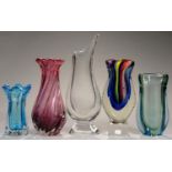 A SEVRES GLASS VASE AND FOUR OTHER MODERNIST CASED OR OTHER GLASS VASES, ALL SECOND HALF 20TH C,
