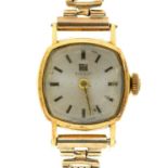 A TISSOT 18CT GOLD CUSHION SHAPED LADY'S WRISTWATCH AND 9CT GOLD BRACELET, 17.6G, A ROTARY 9CT