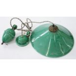 AN EDWARDIAN STYLE GREEN GLAZED EARTHENWARE RISE-AND-FALL ELECTRIC LIGHT, COMPRISING CONICAL