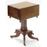 A REGENCY MAHOGANY WORK TABLE ON PEDESTAL BASE AND BRASS CASTORS, 72CM H; 38 X 47CM Loss to one