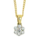 A DIAMOND CLUSTER PENDANT IN 18CT GOLD, 6MM D, ON A GOLD NECKLET MARKED 18K, 3.6G Good condition