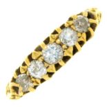 A DIAMOND RING WITH FIVE OLD CUT DIAMONDS, IN 18CT GOLD, BIRMINGHAM 1911, 2.8G, SIZE J½ Much