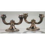 A PAIR OF BELGIAN DWARF SILVER CANDELABRA OF TWO LIGHTS, ON FLARED FOOT, 10.5CM H, MAKER'S MARK,