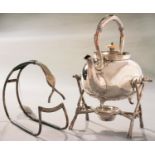 A VICTORIAN ELECTRO-PLATED 'GYPSY'  KETTLE OF SPHERICAL FORM ON THREE FEET AND RUSTIC LAMPSTAND,