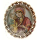 AN ENAMEL MINIATURE OF THE VIRGIN AND CHILD, 3.8 X 3.2CM, 19TH C, CHIPPED, SET IN A LATER METAL