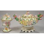 A COALPORT COALBROOKDALE FLORAL ENCRUSTED POT POURRI BOWL AND COVER WITH RUSTIC LOOP HANDLES AND A